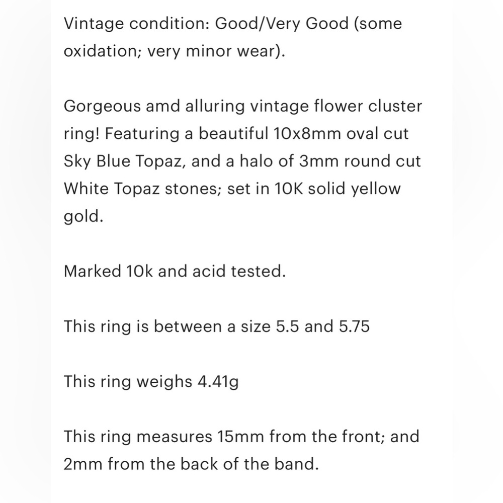 Vintage 10K Blue White Topaz Flower Cluster Ring, Sky Light Oval Size 5.5 - Picture 9 of 17
